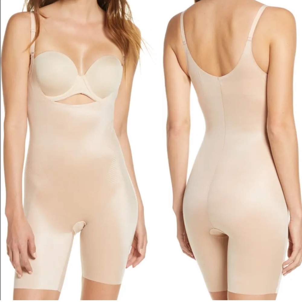 SPANX Thinstincts 2.0 Open Bust Mid-Thigh Bodysuit Size 2X Plus Beige